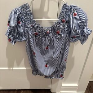 Timing Blue Striped Blouse with Red Floral Embroidery